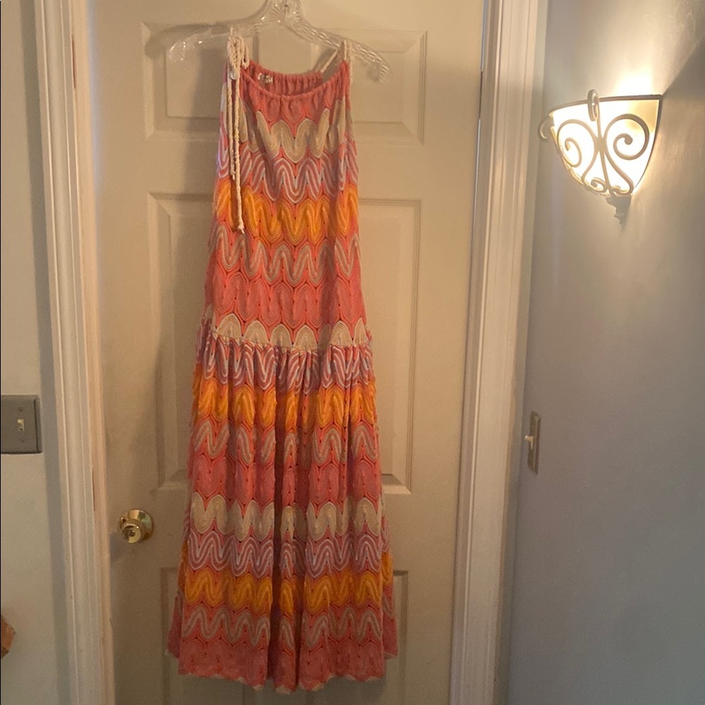 Free People, Anthropologie, Pink and Orange Pleated Maxi Sundress
